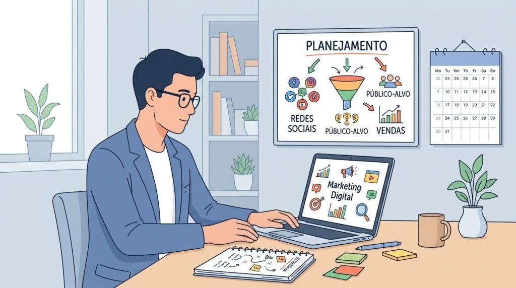 pequeno empresário planejando estratégia de marketing digital para pequenas empresas em um notebook