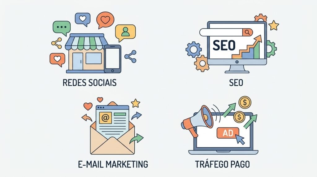 ícones representando os pilares do marketing digital para pequenas empresas: redes sociais, SEO, e-mail marketing e tráfego pago