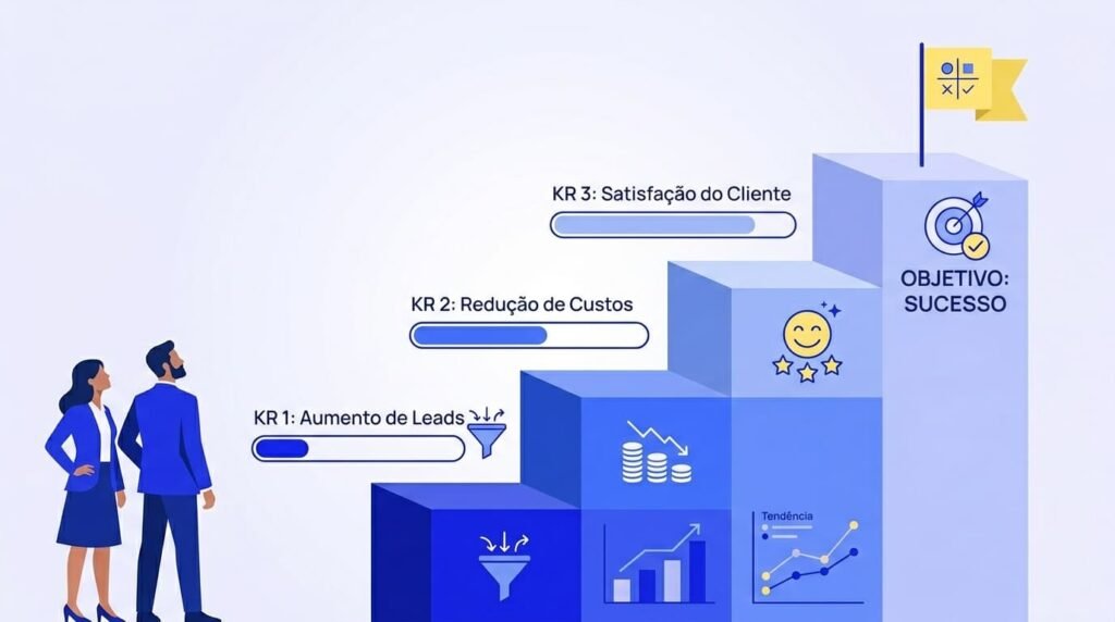 Escada com barras de progresso e uma bandeira no topo, simbolizando um objetivo acompanhado por resultados-chave mensuráveis.