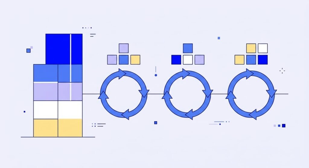 Linha do tempo com ciclos curtos e blocos de entrega, ilustrando sprints e backlog do método Scrum.