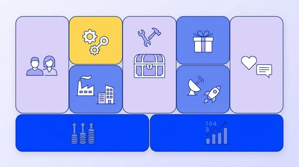Esquema visual do Business Model Canvas com nove blocos conectados, usado para mapear como um negócio funciona.