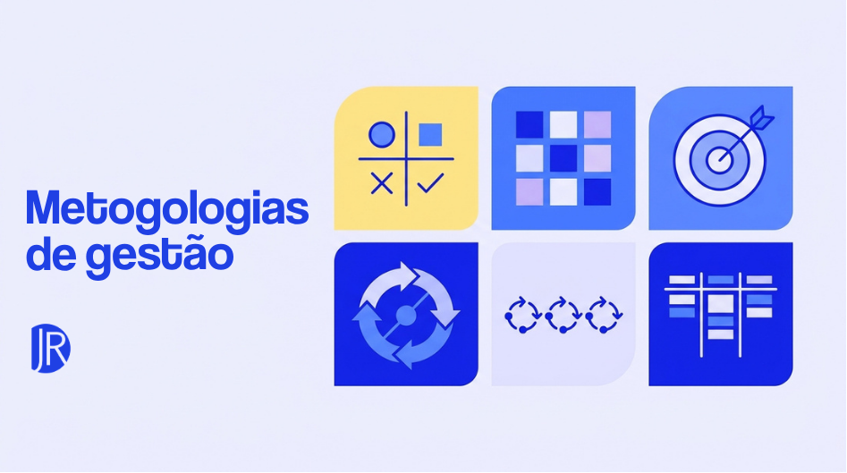 Ilustração com seis ícones geométricos que representam as metodologias de gestão para PMEs: SWOT, Canvas, OKRs, PDCA, Scrum e Kanban.